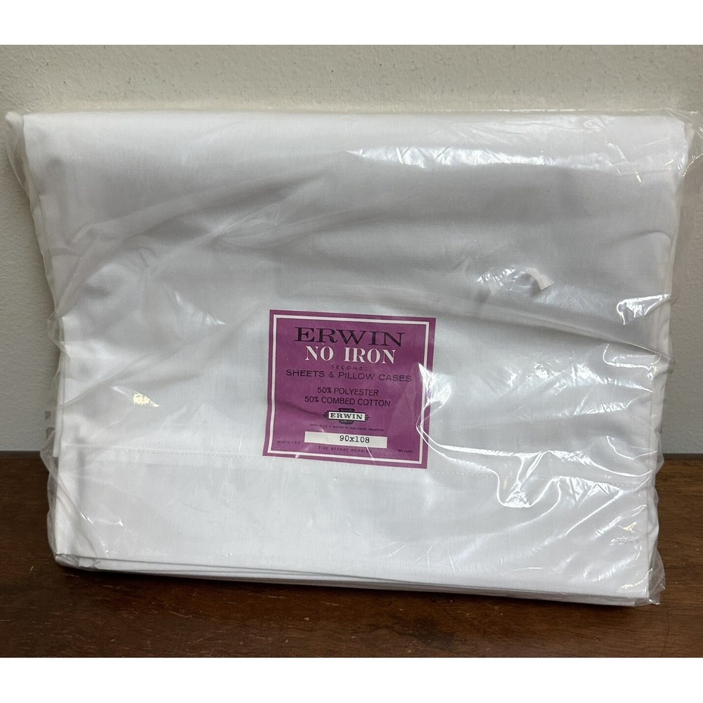 Vtg Erwin No Iron Combed Cotton Full Flat Sheet & Pillowcases Made USA NEW NOS